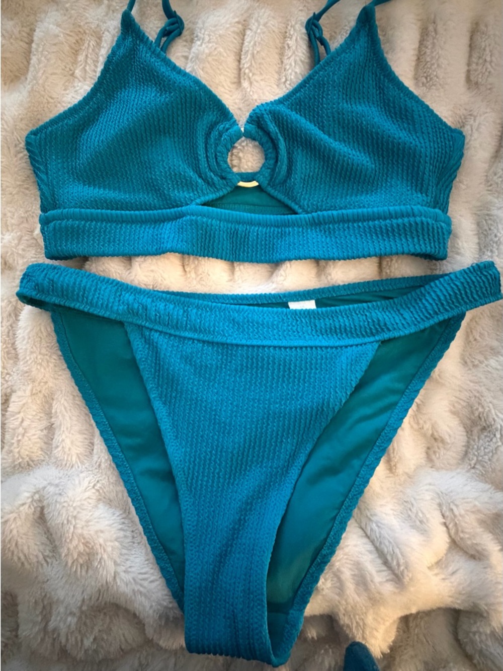 aerie Teal Textured Ring-Front Bikini Set M top L bottoms